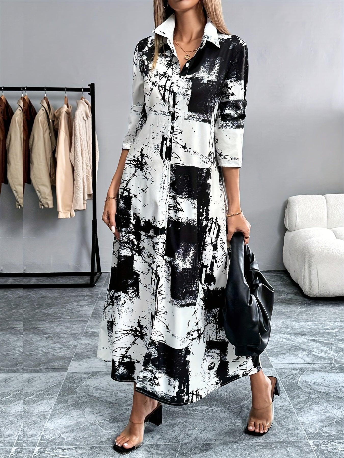Elegant Tie-Dye Shirt Dress for Women - Casual Long Skirt with 3/4 Sleeves, Button Detail, Machine Washable - Perfect for Spring & Fall